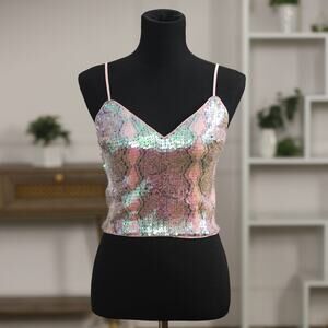 NWOT BEBE Sequin Halter Crop Top – Size M – Light Pink & Plum – Caged Back
